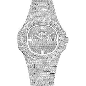 Men Women Silver Hip Hop Fashion Stainless Steel Quartz Analog Bling Bling Watch